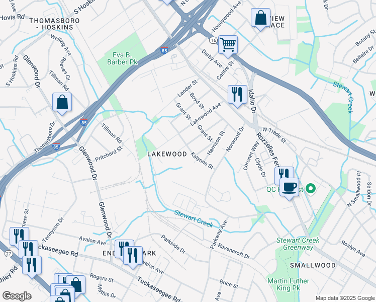 map of restaurants, bars, coffee shops, grocery stores, and more near 3215 Kalynne Street in Charlotte
