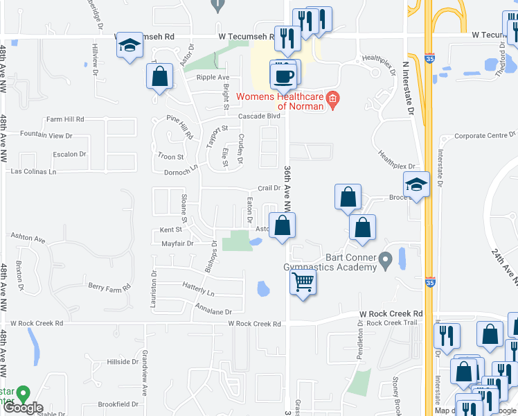 map of restaurants, bars, coffee shops, grocery stores, and more near 2820 Brompton Drive in Norman