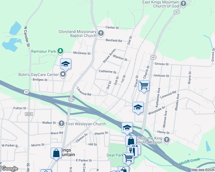 map of restaurants, bars, coffee shops, grocery stores, and more near 804 3rd Street in Kings Mountain