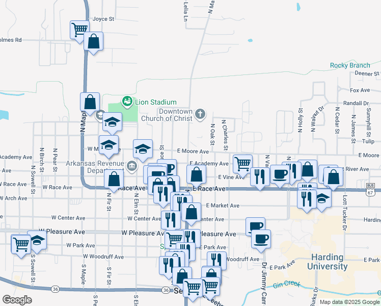 map of restaurants, bars, coffee shops, grocery stores, and more near 610 North Main Street in Searcy