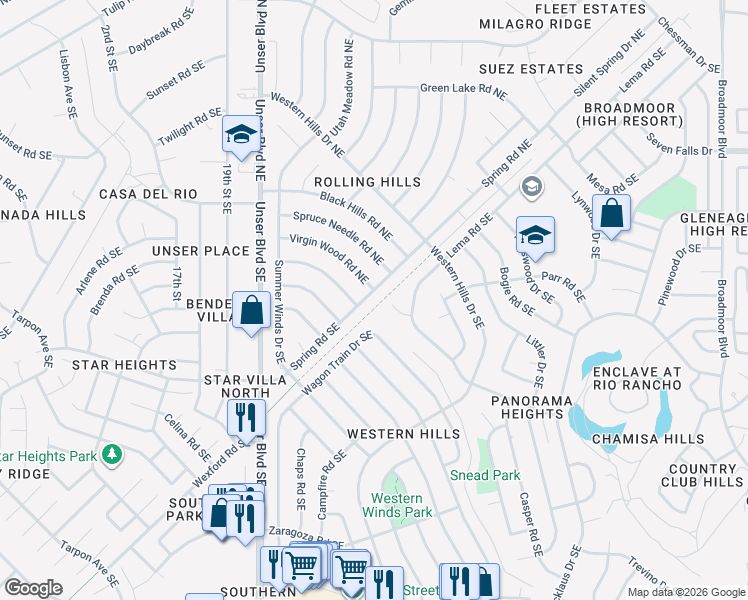 map of restaurants, bars, coffee shops, grocery stores, and more near 210 Spring Drive Southeast in Rio Rancho