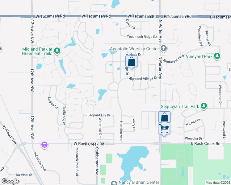 map of restaurants, bars, coffee shops, grocery stores, and more near 400 Lake Grove Court in Norman