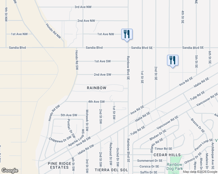 map of restaurants, bars, coffee shops, grocery stores, and more near 121 4th Avenue Southwest in Rio Rancho