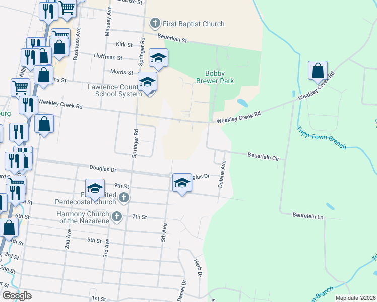 map of restaurants, bars, coffee shops, grocery stores, and more near 17 Beuerlein Circle in Lawrenceburg
