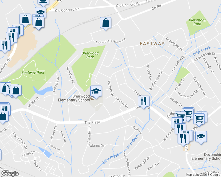 map of restaurants, bars, coffee shops, grocery stores, and more near Vickery Dr & Rocha Ct in Charlotte