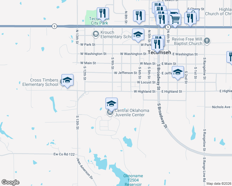 map of restaurants, bars, coffee shops, grocery stores, and more near 500 West Highland Street in Tecumseh