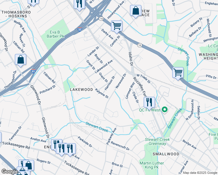 map of restaurants, bars, coffee shops, grocery stores, and more near 307 Harrison Street in Charlotte