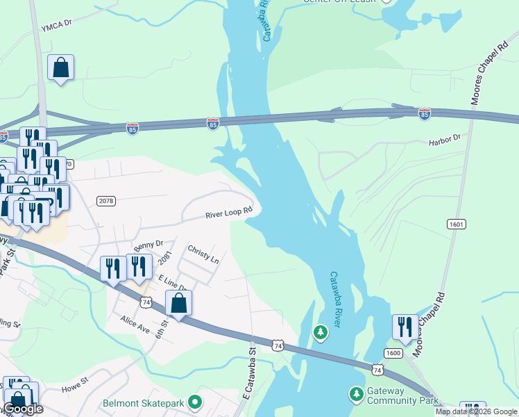 map of restaurants, bars, coffee shops, grocery stores, and more near 235 River Loop Road in Belmont