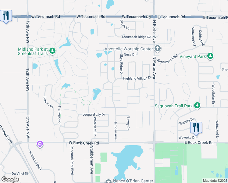 map of restaurants, bars, coffee shops, grocery stores, and more near 400 Lake Grove Court in Norman