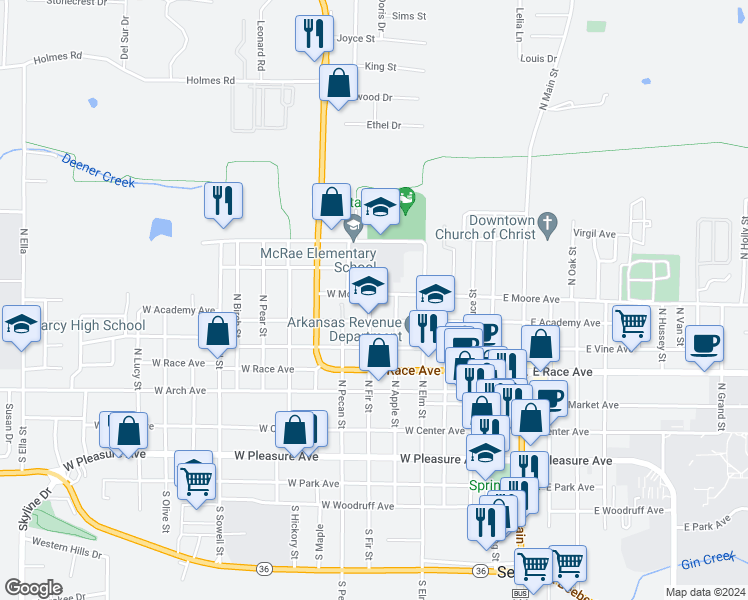 map of restaurants, bars, coffee shops, grocery stores, and more near 610 North Fir Street in Searcy