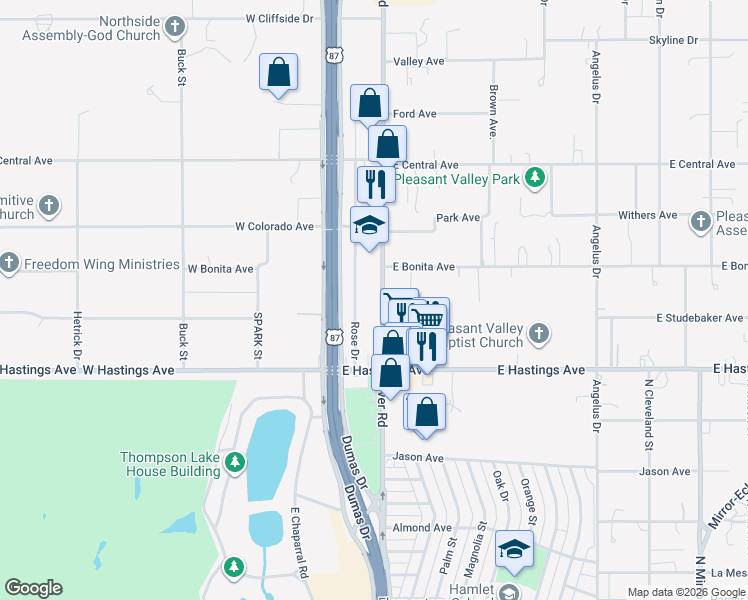 map of restaurants, bars, coffee shops, grocery stores, and more near 4030 Rose Drive in Amarillo