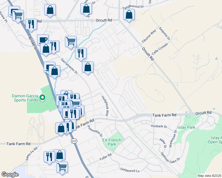 map of restaurants, bars, coffee shops, grocery stores, and more near 3924 Hollyhock Way in San Luis Obispo