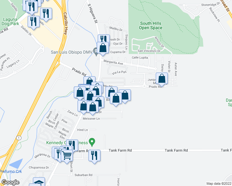 map of restaurants, bars, coffee shops, grocery stores, and more near 3469 Empresa Drive in San Luis Obispo