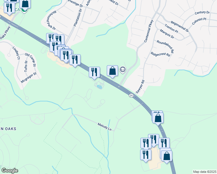 map of restaurants, bars, coffee shops, grocery stores, and more near in Spout Springs