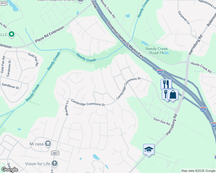 map of restaurants, bars, coffee shops, grocery stores, and more near 8600 Hornwood Court in Charlotte