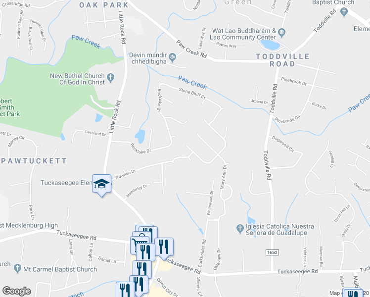 map of restaurants, bars, coffee shops, grocery stores, and more near 7001 Whitewater Drive in Charlotte