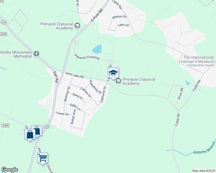 map of restaurants, bars, coffee shops, grocery stores, and more near 1801 Oakhurst Drive in Shelby