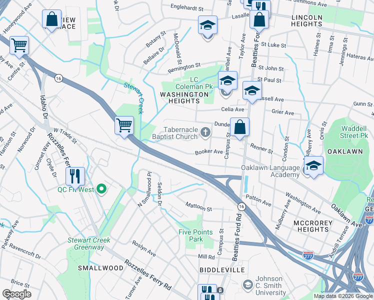 map of restaurants, bars, coffee shops, grocery stores, and more near 2433 Booker Avenue in Charlotte
