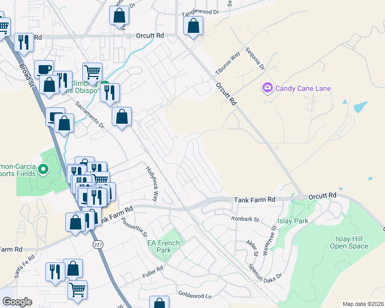 map of restaurants, bars, coffee shops, grocery stores, and more near 4029 Bernardo Drive in San Luis Obispo