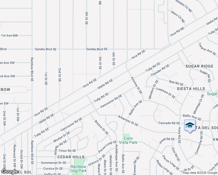 map of restaurants, bars, coffee shops, grocery stores, and more near 609 Tulip Road Southeast in Rio Rancho
