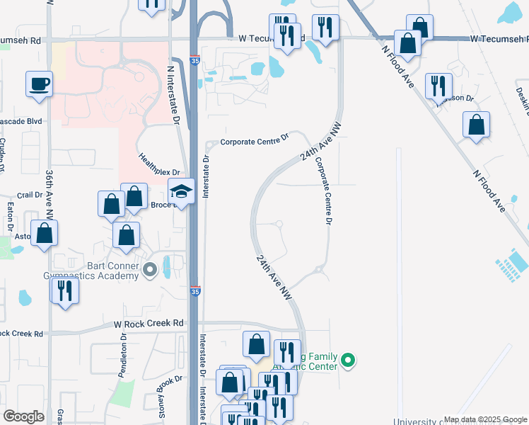 map of restaurants, bars, coffee shops, grocery stores, and more near 2803 24th Avenue Northwest in Norman