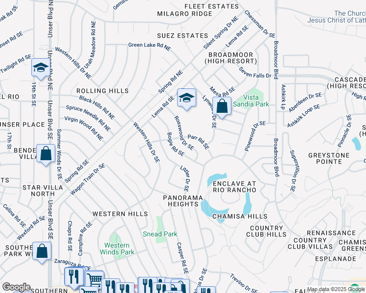 map of restaurants, bars, coffee shops, grocery stores, and more near 2550 Rosswood Drive Southeast in Rio Rancho