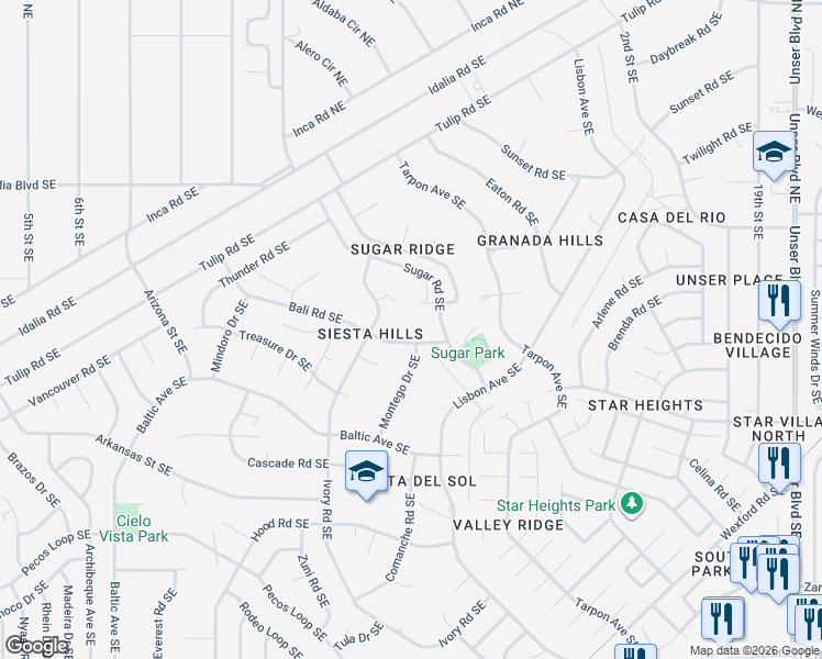 map of restaurants, bars, coffee shops, grocery stores, and more near 1205 Bali Road Southeast in Rio Rancho