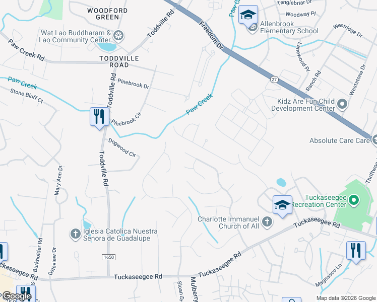 map of restaurants, bars, coffee shops, grocery stores, and more near 2108 Heather Glen Lane in Charlotte