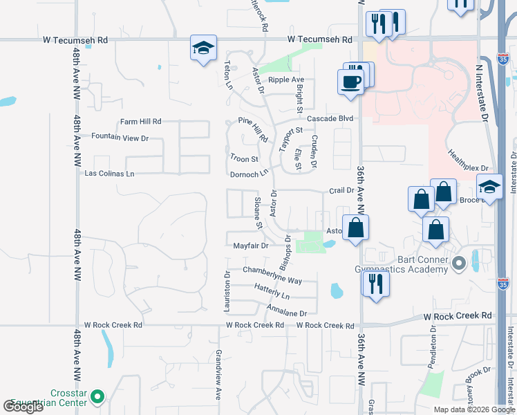 map of restaurants, bars, coffee shops, grocery stores, and more near 2828 Astor Drive in Norman