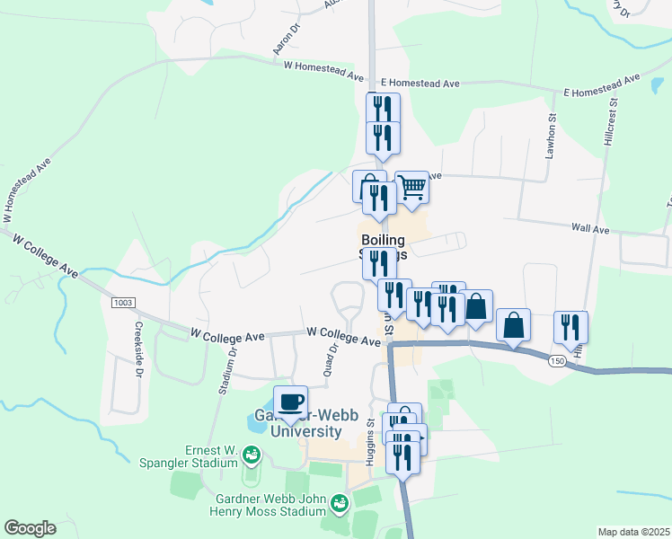 map of restaurants, bars, coffee shops, grocery stores, and more near 115 Green Avenue in Shelby