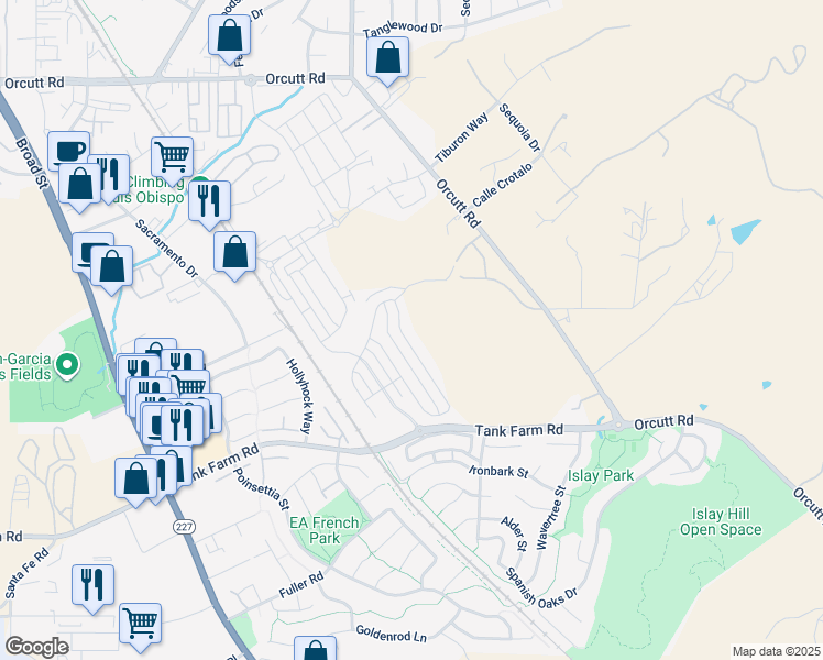 map of restaurants, bars, coffee shops, grocery stores, and more near 4120 Hillside Drive in San Luis Obispo