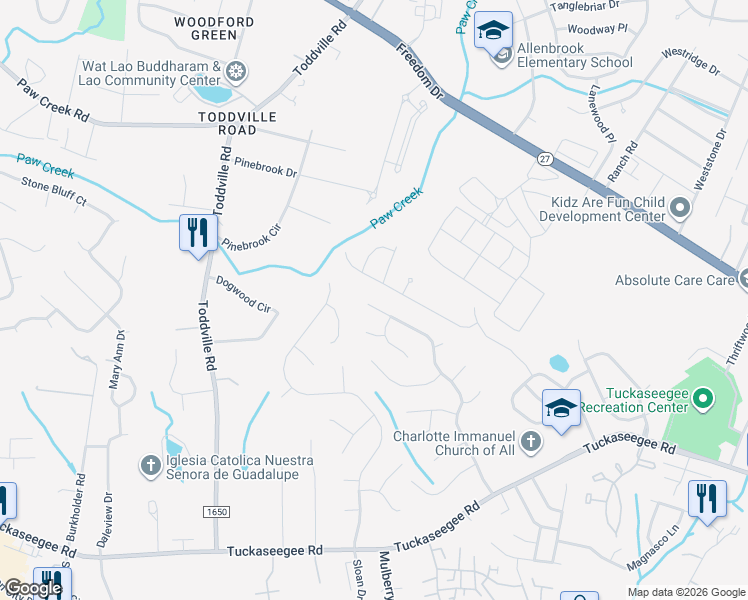 map of restaurants, bars, coffee shops, grocery stores, and more near 2108 Heather Glen Lane in Charlotte