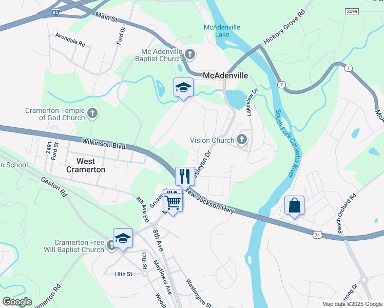 map of restaurants, bars, coffee shops, grocery stores, and more near 122 Helton Street in Gastonia