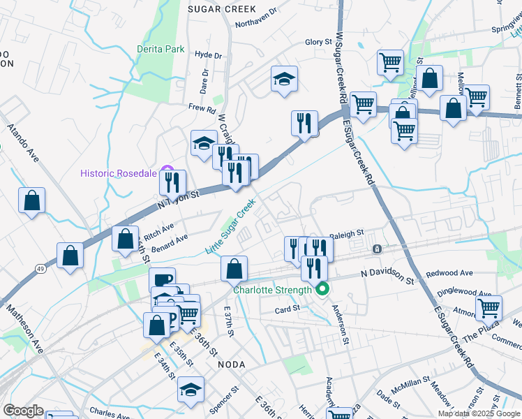 map of restaurants, bars, coffee shops, grocery stores, and more near 152 East Craighead Road in Charlotte
