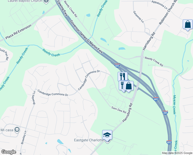 map of restaurants, bars, coffee shops, grocery stores, and more near 10619 Coulport Lane in Charlotte