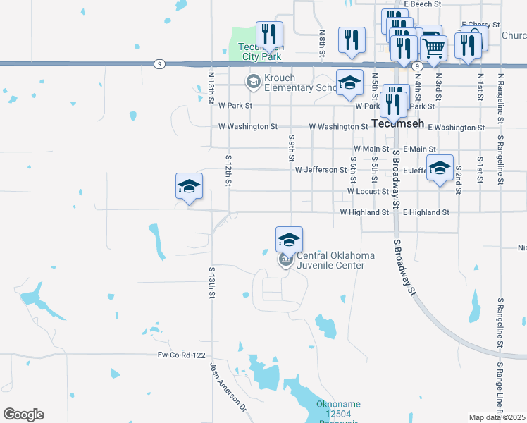 map of restaurants, bars, coffee shops, grocery stores, and more near 716 West Highland Street in Tecumseh