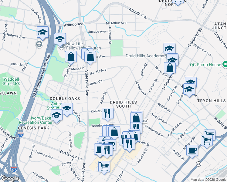 map of restaurants, bars, coffee shops, grocery stores, and more near in Charlotte