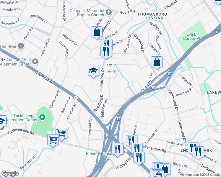 map of restaurants, bars, coffee shops, grocery stores, and more near 629 Robertson Avenue in Charlotte