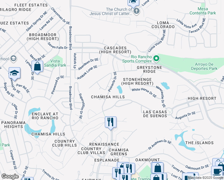 map of restaurants, bars, coffee shops, grocery stores, and more near 308 Pinnacle Drive Southeast in Rio Rancho