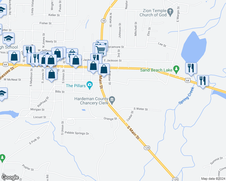 map of restaurants, bars, coffee shops, grocery stores, and more near 333 South Water Street in Bolivar