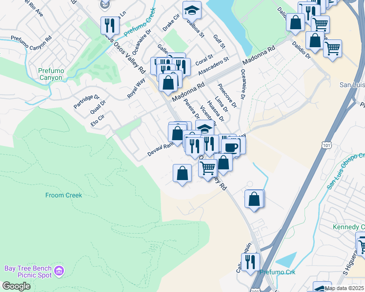 map of restaurants, bars, coffee shops, grocery stores, and more near 1510 Froom Ranch Way in San Luis Obispo
