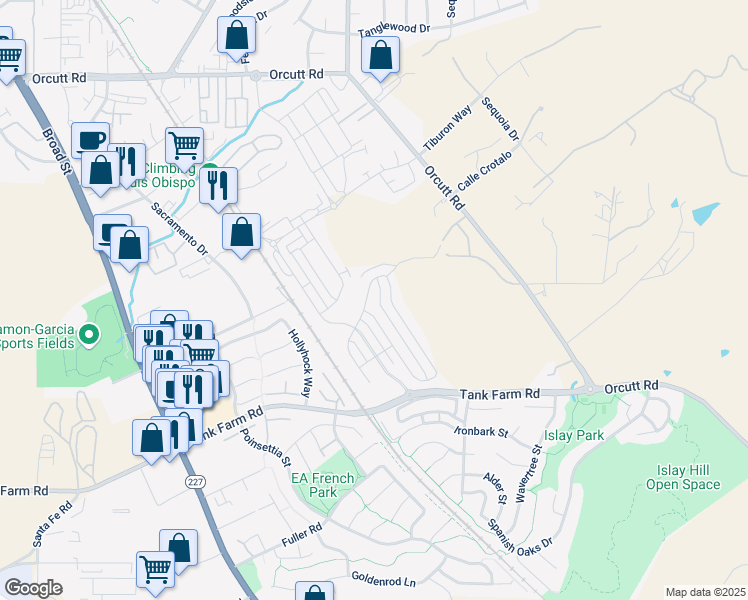 map of restaurants, bars, coffee shops, grocery stores, and more near 4029 Bernardo Drive in San Luis Obispo