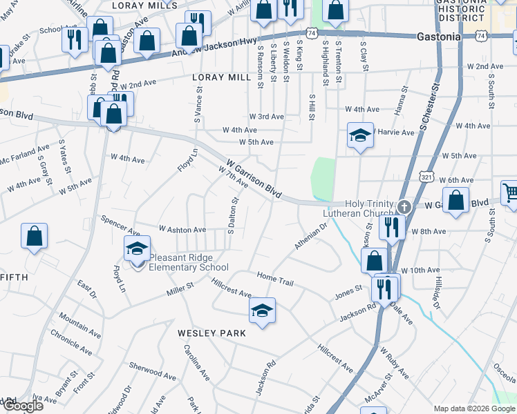 map of restaurants, bars, coffee shops, grocery stores, and more near 817 South Weldon Street in Gastonia