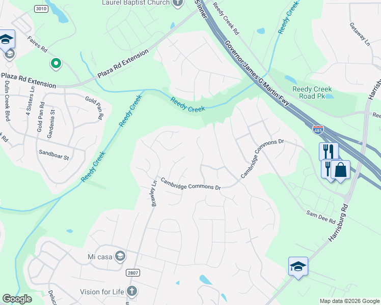 map of restaurants, bars, coffee shops, grocery stores, and more near 8607 Woodhill Manor Court in Charlotte