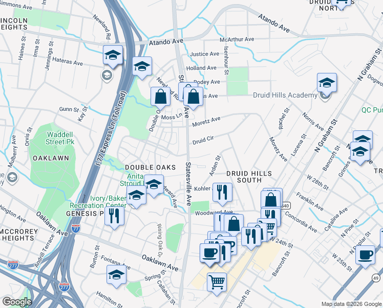 map of restaurants, bars, coffee shops, grocery stores, and more near 1127 Mona Drive in Charlotte