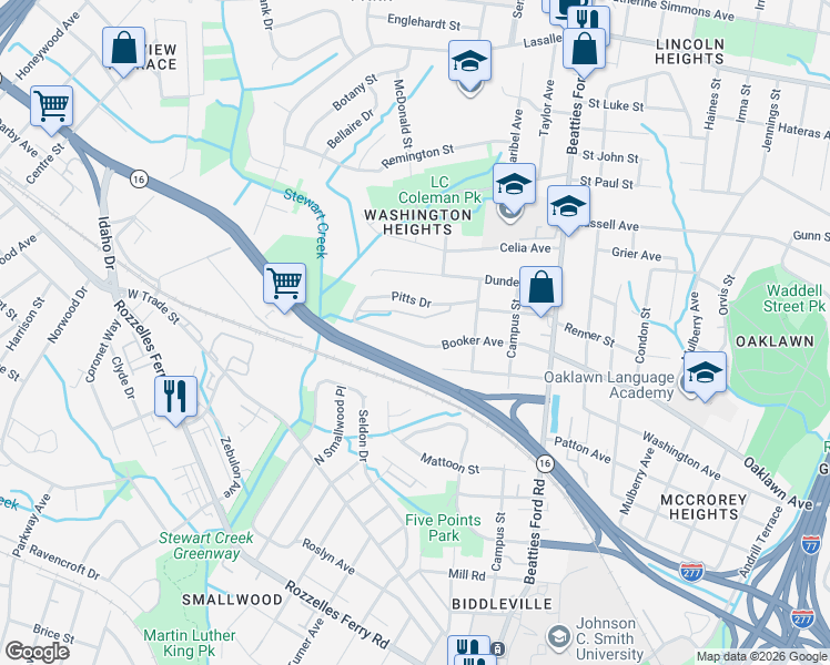 map of restaurants, bars, coffee shops, grocery stores, and more near 2533 Booker Avenue in Charlotte
