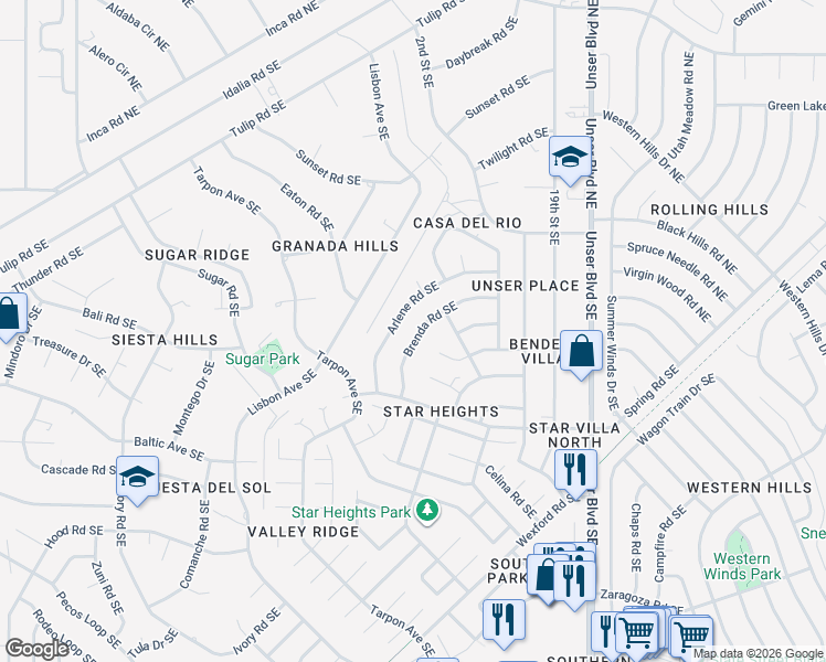 map of restaurants, bars, coffee shops, grocery stores, and more near 1665 Brenda Road Southeast in Rio Rancho