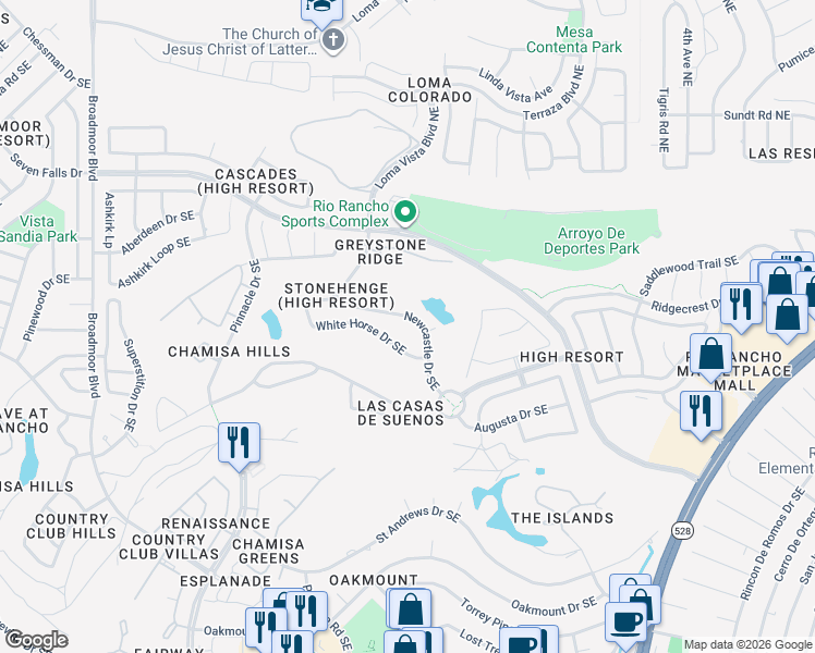 map of restaurants, bars, coffee shops, grocery stores, and more near 3553 White Horse Drive Southeast in Rio Rancho