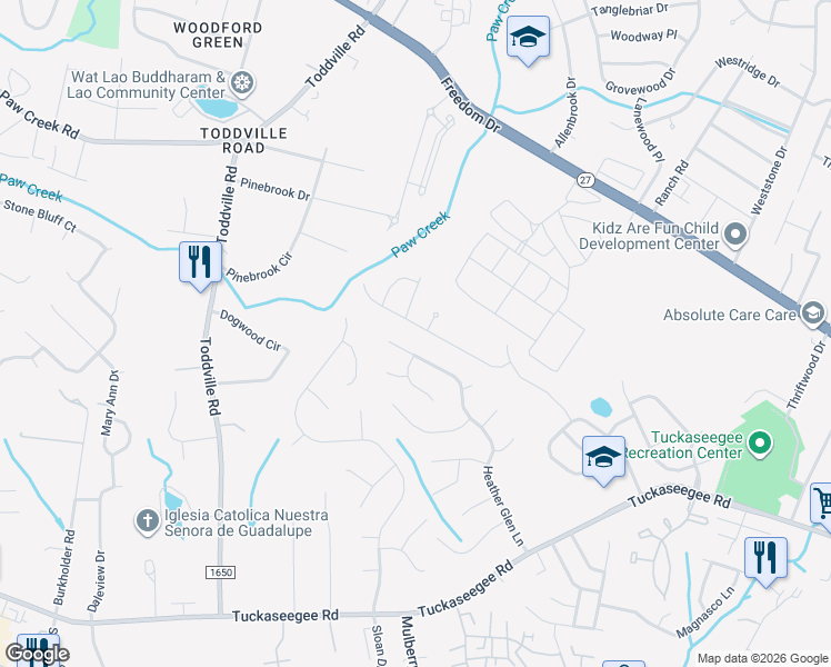 map of restaurants, bars, coffee shops, grocery stores, and more near 5032 Raspberry Knoll Drive in Charlotte