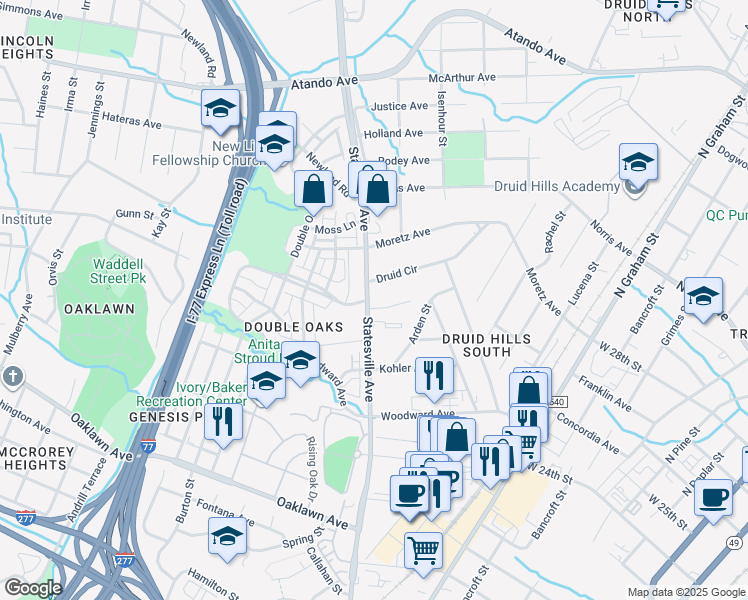 map of restaurants, bars, coffee shops, grocery stores, and more near 1127 Mona Drive in Charlotte